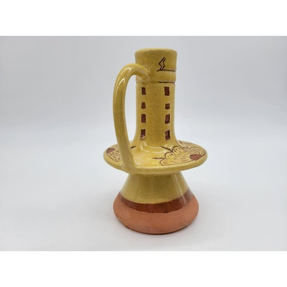 Pennsylvania Yellow Ware Glazed Chimney Candlestick W/Handle Incised Design - Picture 9 of 14